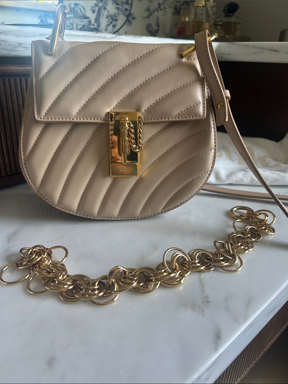 Chloe Cream Quilted Crossbody with Gold Chain